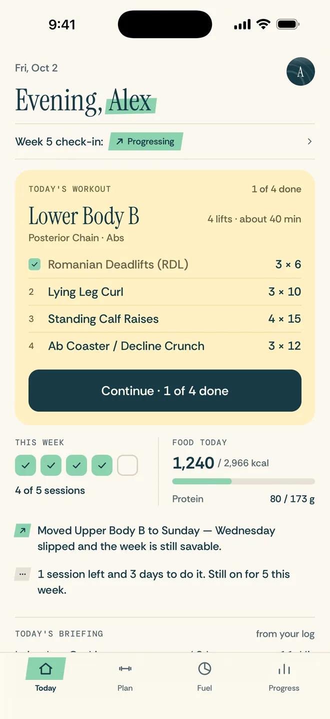 Today in GymLog: today's workout with its lifts, the week's sessions and today's food